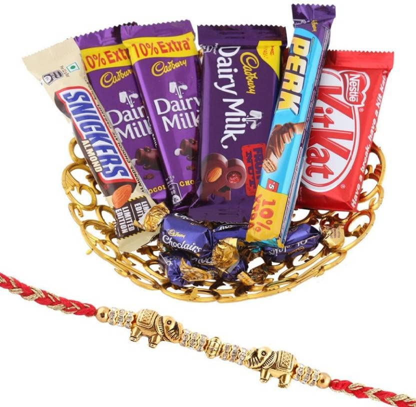 Designer Rakhi Combo (1 Tray 1 Snicker Almond (22g) 2 Dairy Milk (13.2g) 1 Dairy Milk Fruit N Nut (36g) 1 Perk (13g) 1 KitK