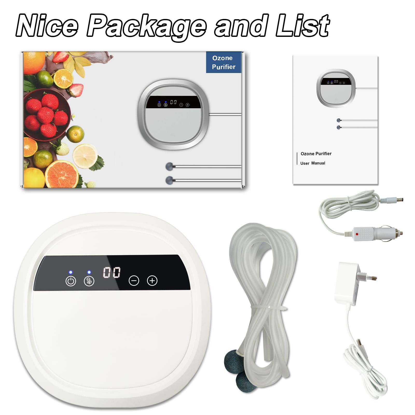 Generatore di Ozono per acqua e aria, Purificatore d'aria a ioni negativi Ozonizzatore, Purificatore ozono pulisci frutta verdura e carne, rimuovi l'odore per casa e auto con 12V adattatore - 600 mg/h