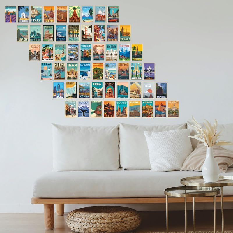 Image of POSTERONN Vintage India Travel Wall Collage Kit 54 PCS 4x6 Inch Posters | Retro Photo Cards on Cardstock | Aesthetic Room Decor | Travel Theme Wall Art | Glue Dots Included for Bedroom Dorm