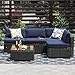 PHI VILLA 5-Piece Outdoor Furniture Set Rattan Wicker Patio Sectional Sofa with Low-Back and Tea Table, Navy Blue