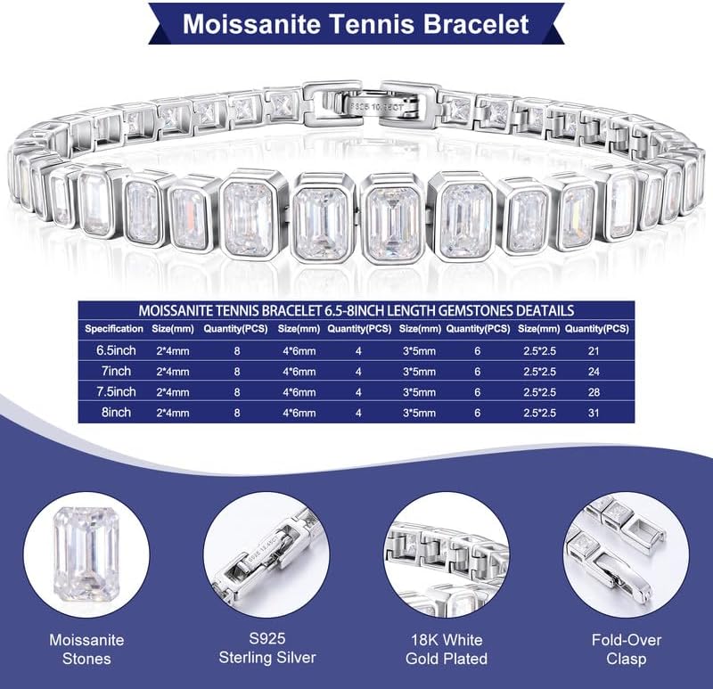 Moissanite Tennis Emerald Cut Bracelet for Women Men White/Yellow Gold Plated S925 Sterling Silver D Color VVS1 Square Moissanite Bracelets 6.5/7/7.5/8inch