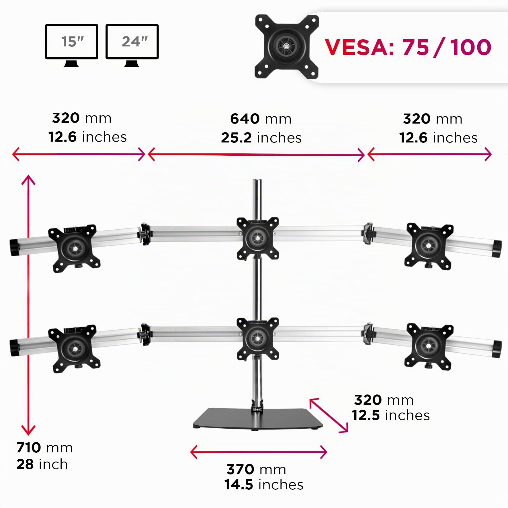 Duronic DM756 Soporte para 4 Monitores de 15" a 24", Máximo 8kg | Soporte de Escritorio Resistente e Independiente, Altura Ajustable, Carga de 8 kg, para Seis Pantallas LCD o LED