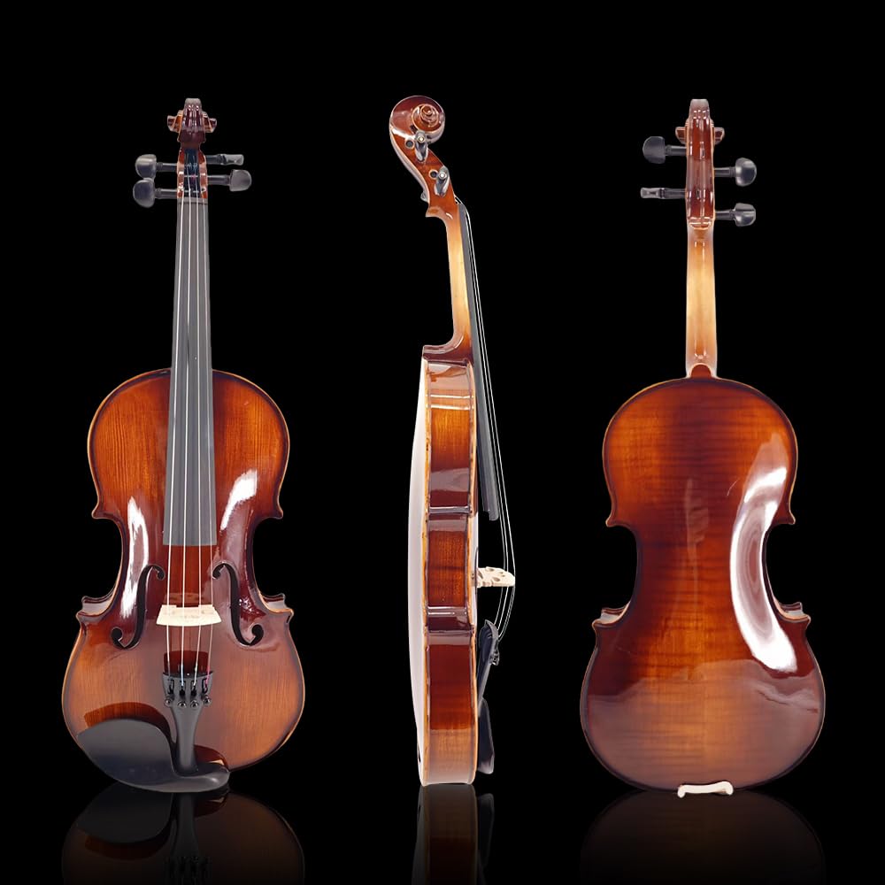 Violon 4/4 complet pour débutants, adultes, étudiants, épicéa vieilli, violon en bois massif, fixations en ébène avec étui rigide, épaulière, archet, accordeur, cordes supplémentaires (marron