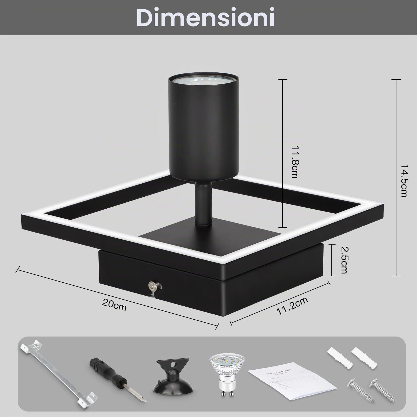 Plafoniera LED nero, faretto da soffitto GU10 18 W, faretto da soffitto a 1 luce, orientabile, faretto da parete, lampada moderna per cucina, corridoio, camera da letto, con lampadina GU10 da 5
