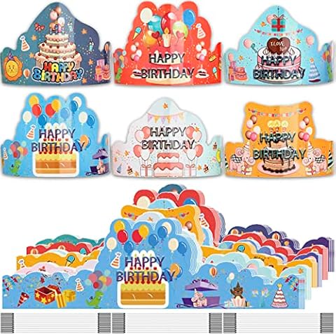 ARTLYMERS Birthday Crowns for Kids, 30 Pack Assorted Designs Paper Crowns, Classroom Birthday Hats, VBS Party Decor Adjustable Elastic Band, Reusable, Ages 15-28 inches, Multiple Colors Cover