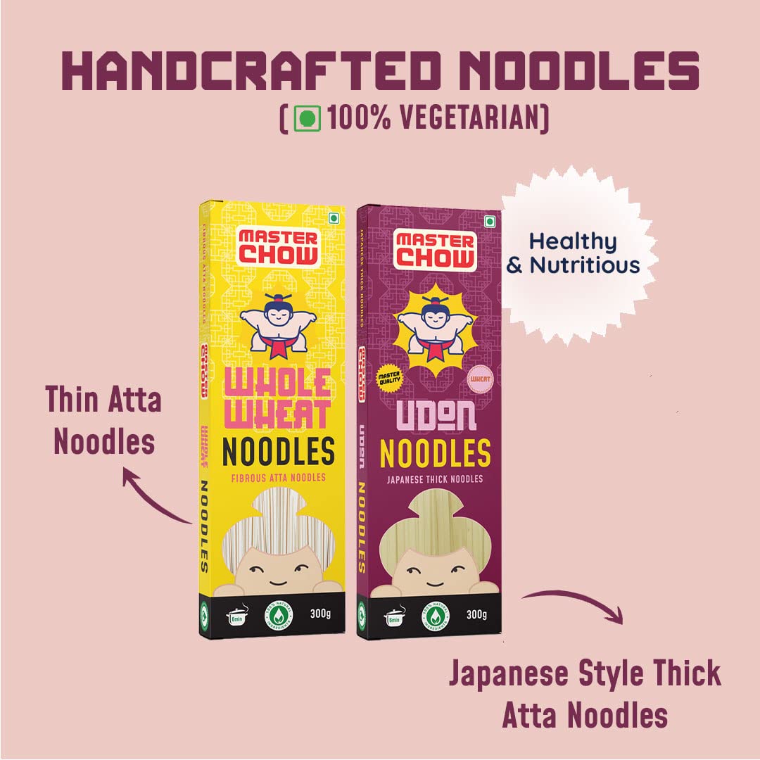 MasterChow Healthy Atta Noodle Pack of 2 - Made with 100% Organic Atta | No Maida, Not Fried | No Artificial Preservatives or MSG |100% Natural | Pack of 2 - Udon & Wholewheat Noodles - 300g Each - Image 3 thumbnail