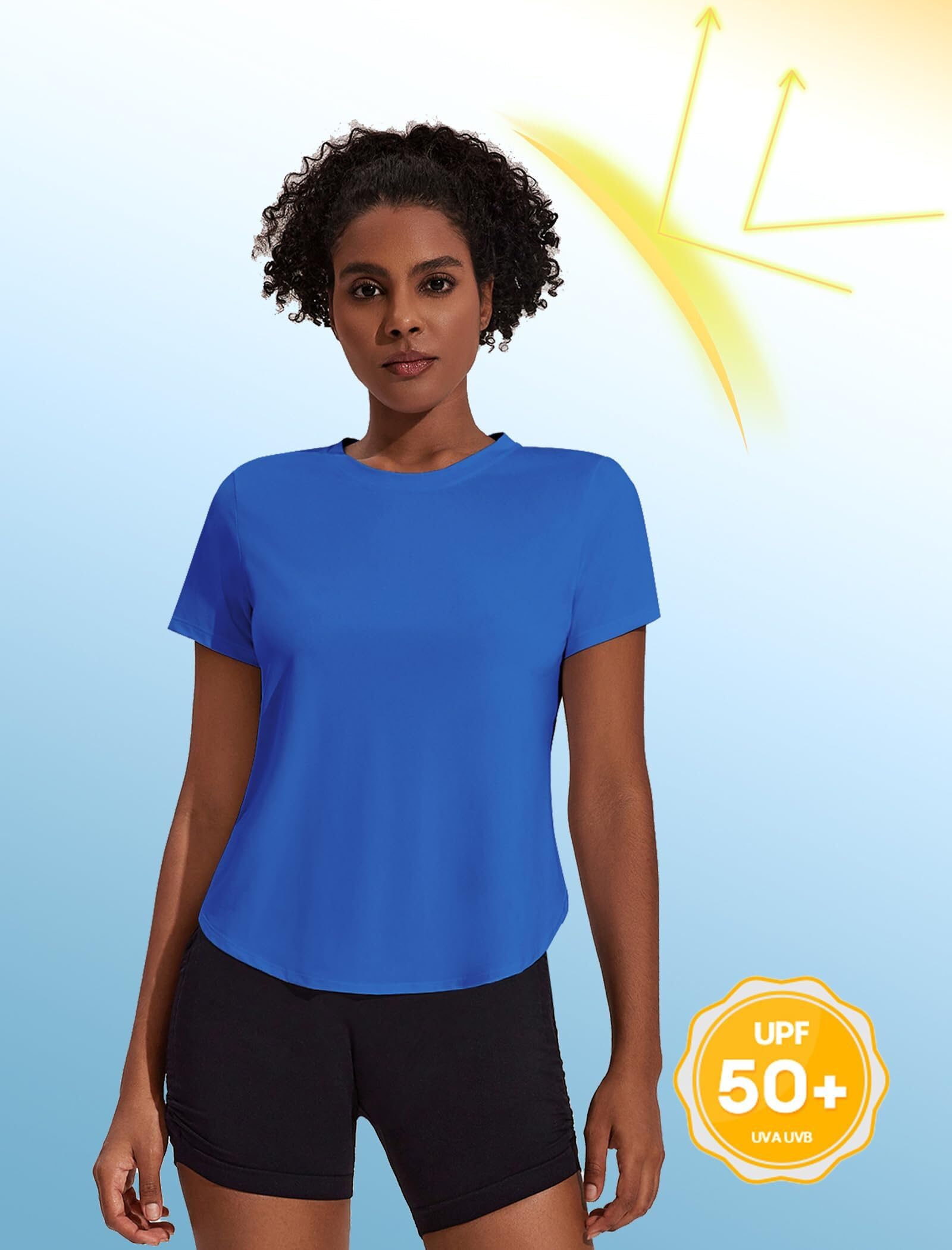 PINSPARK Camisetas de entrenamiento para mujer, con protección UPF 50+, de manga corta, atléticas, con aberturas laterales, para correr, gimnasio, ajuste holgado