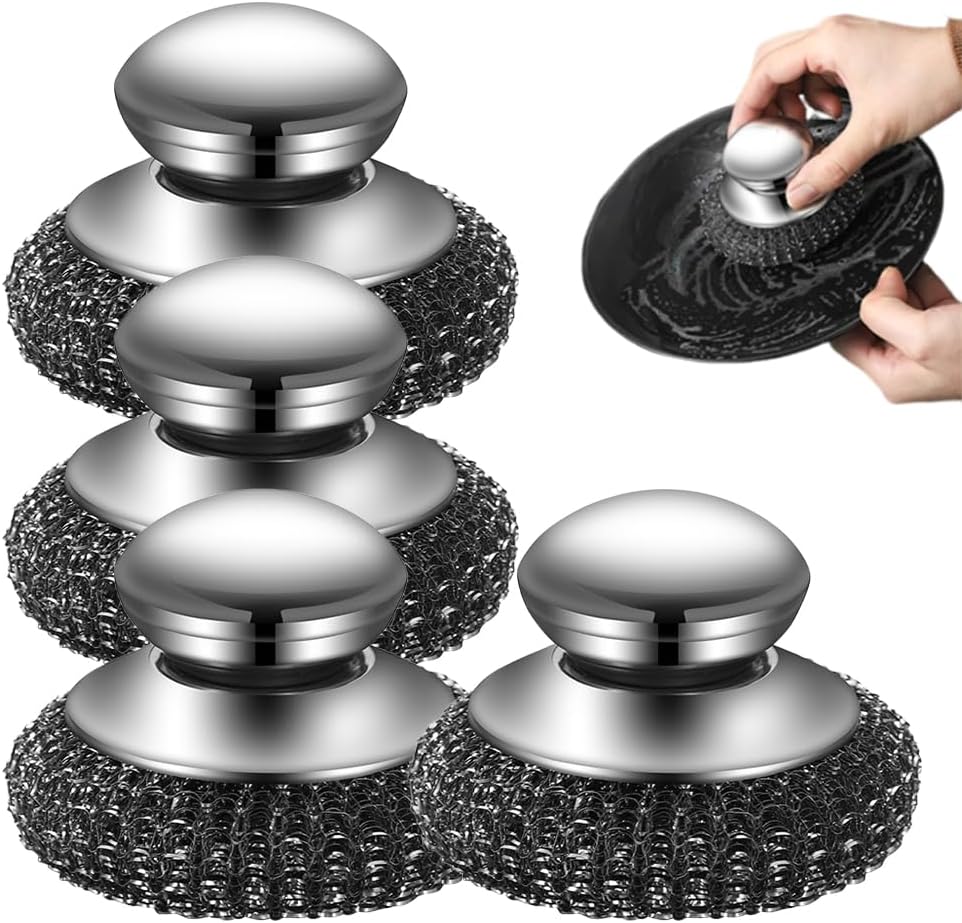 Steel Wool Scrubber with Handle, Upgrade Heavy Duty Stainless Steel Dish Scrubber for Cleaning Dishes, Iron Pots, Stoves, Kitchen Sink (4 pcs)
