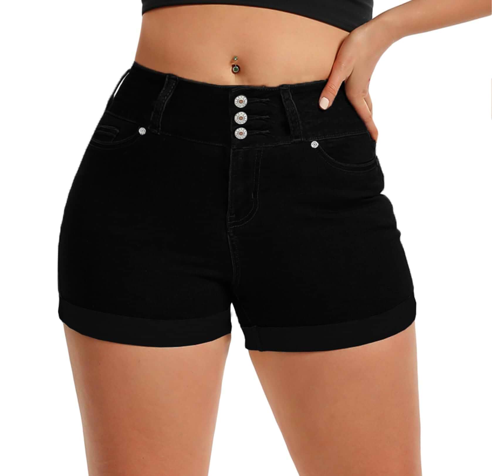Pnadty Women's Summer High Waisted Stretch Denim Shorts Casual Folded Hem Jean Shorts