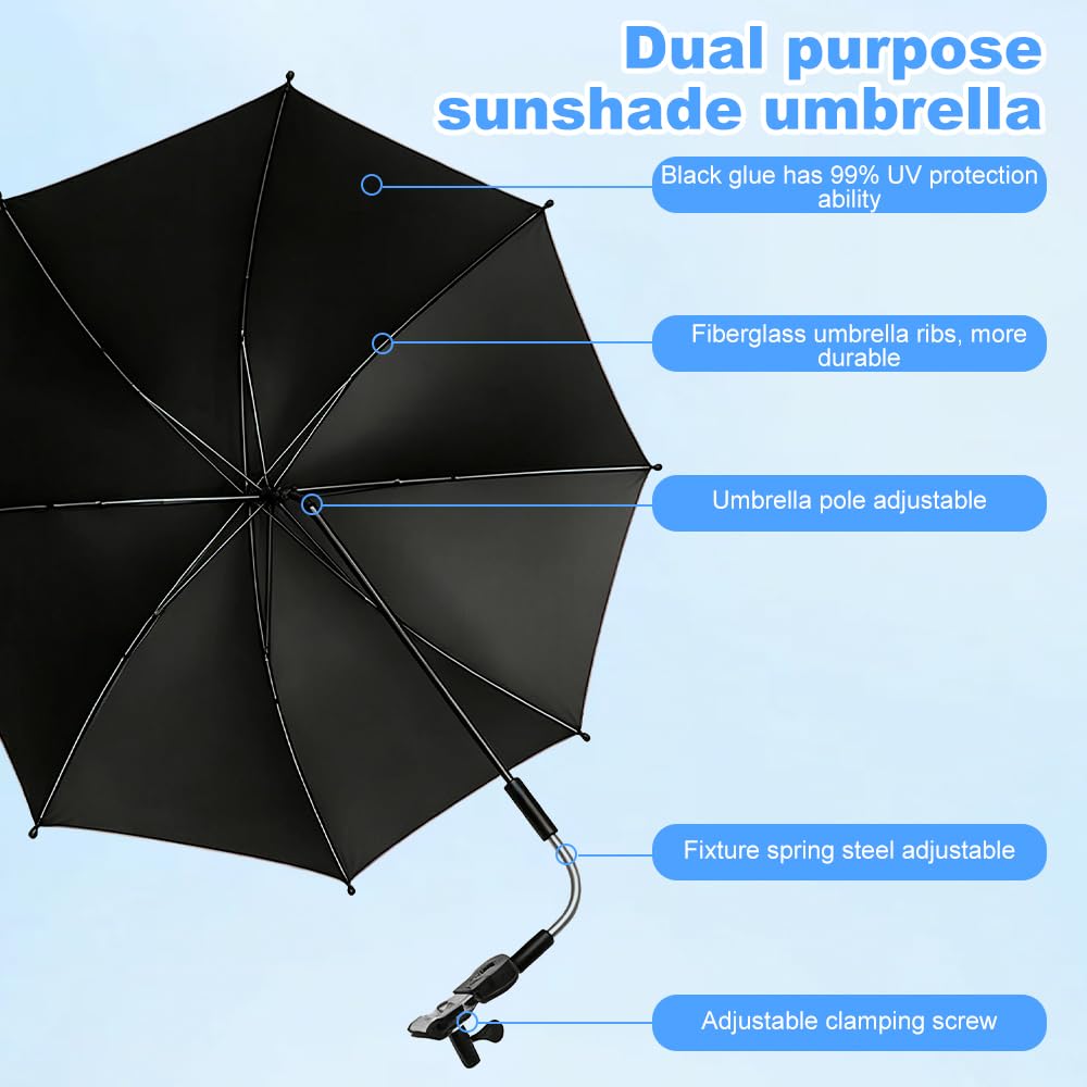 Foreverup Ombrellino Parasole Passeggino, Ombrellino Passeggino Universale, Ombrellone per Passeggino, 96cm 50+ UV Ombrello Universale per Bambini e Neonati Protezione Solare (Nero)