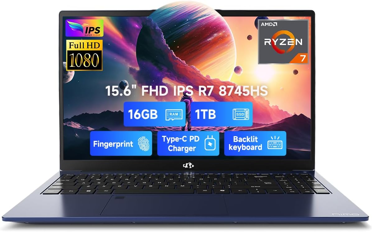 NIMO 15.6" IPS FHD-Gaming-Laptop, AMD Ryzen 7 8745HS 16GB DDR5 RAM 1TB SSD (8C/16T, up to 4.9GHz) Radeon 780M Graphics Business Computer with 100W Type-C Backlit Keyboard, Fingerprint USB-C 4.0