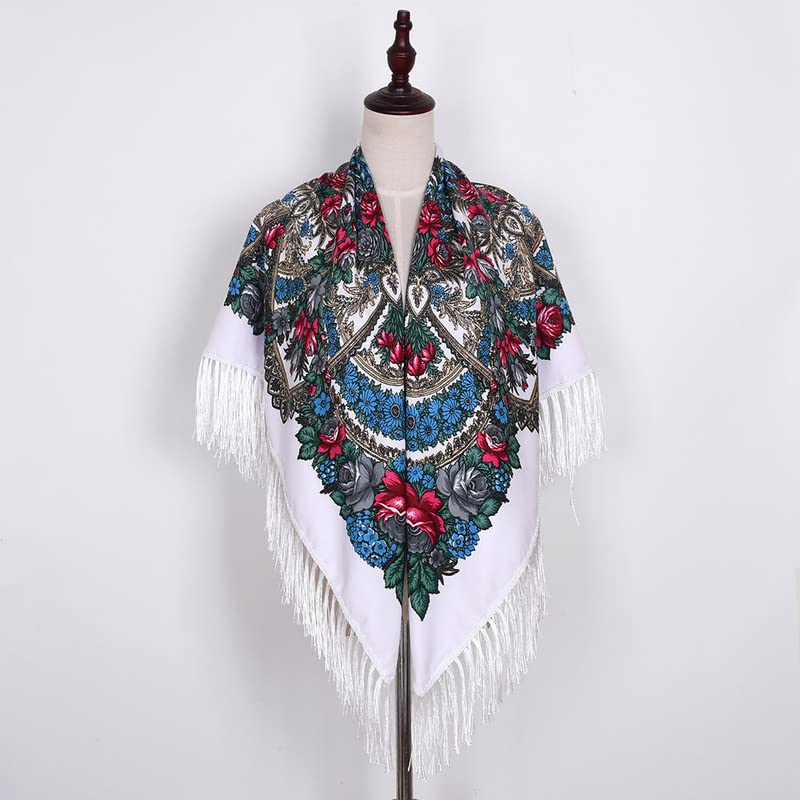 Russian Babushka Women's Scarf Shawl Wrap Oversized Traditional Retro Ukraine Style Printed tassels Square Scarfs（53inx53in)2
