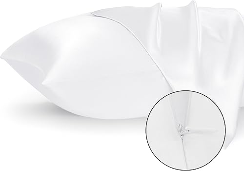 Bedsure Funda de almohada de satén sedoso para el cabello, fundas de almohada de satén blanco tamaño estándar con cremallera, paquete de 2 unidades,