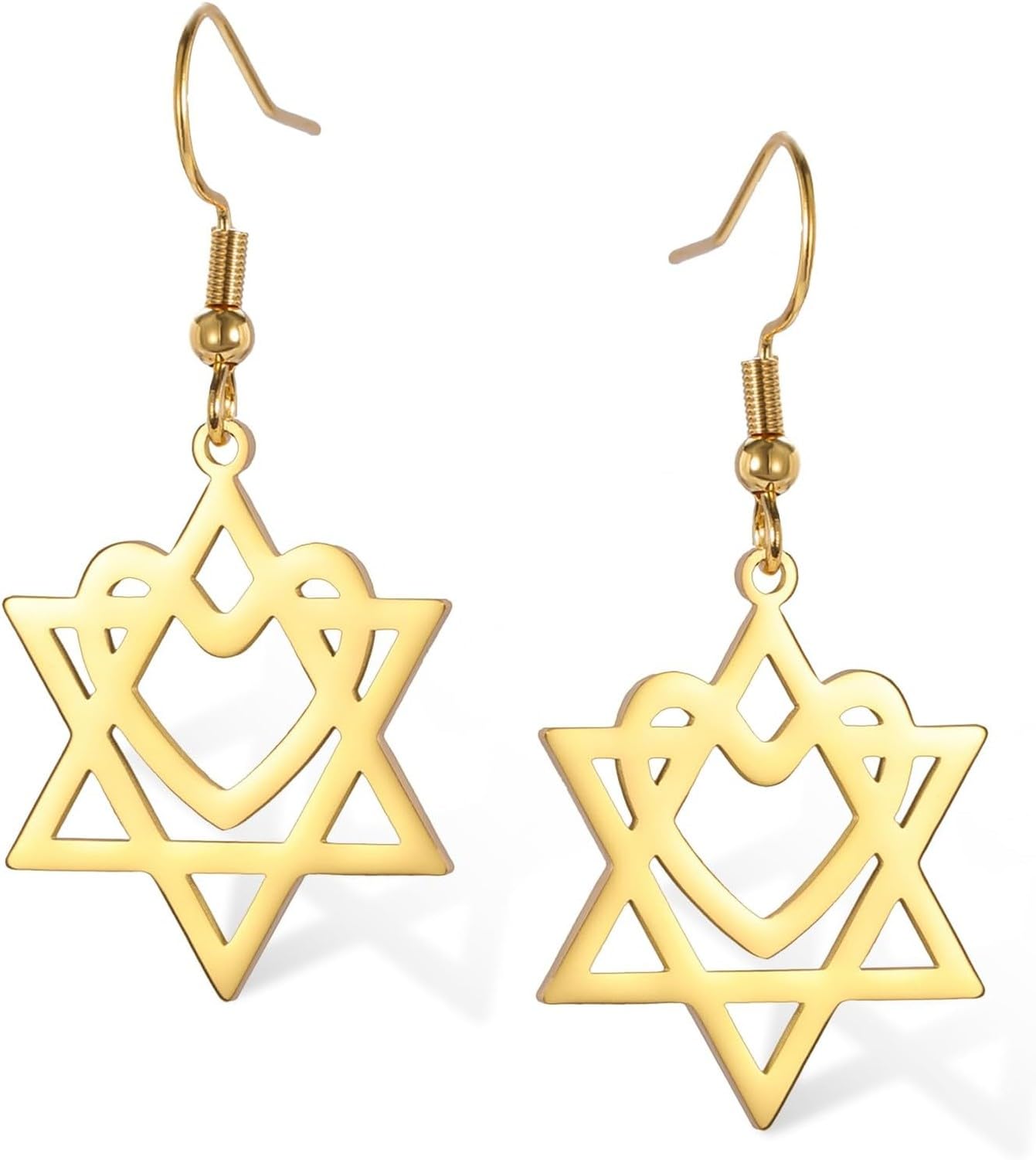 KGAIXN Gold Israeli Star Earrings Stainless Steel Six Pointed Dangle Star of David Drop Earrings Women Christian Jewish for Cross Hanukkah Religion Gift Idea, Gold Love Jewish Star