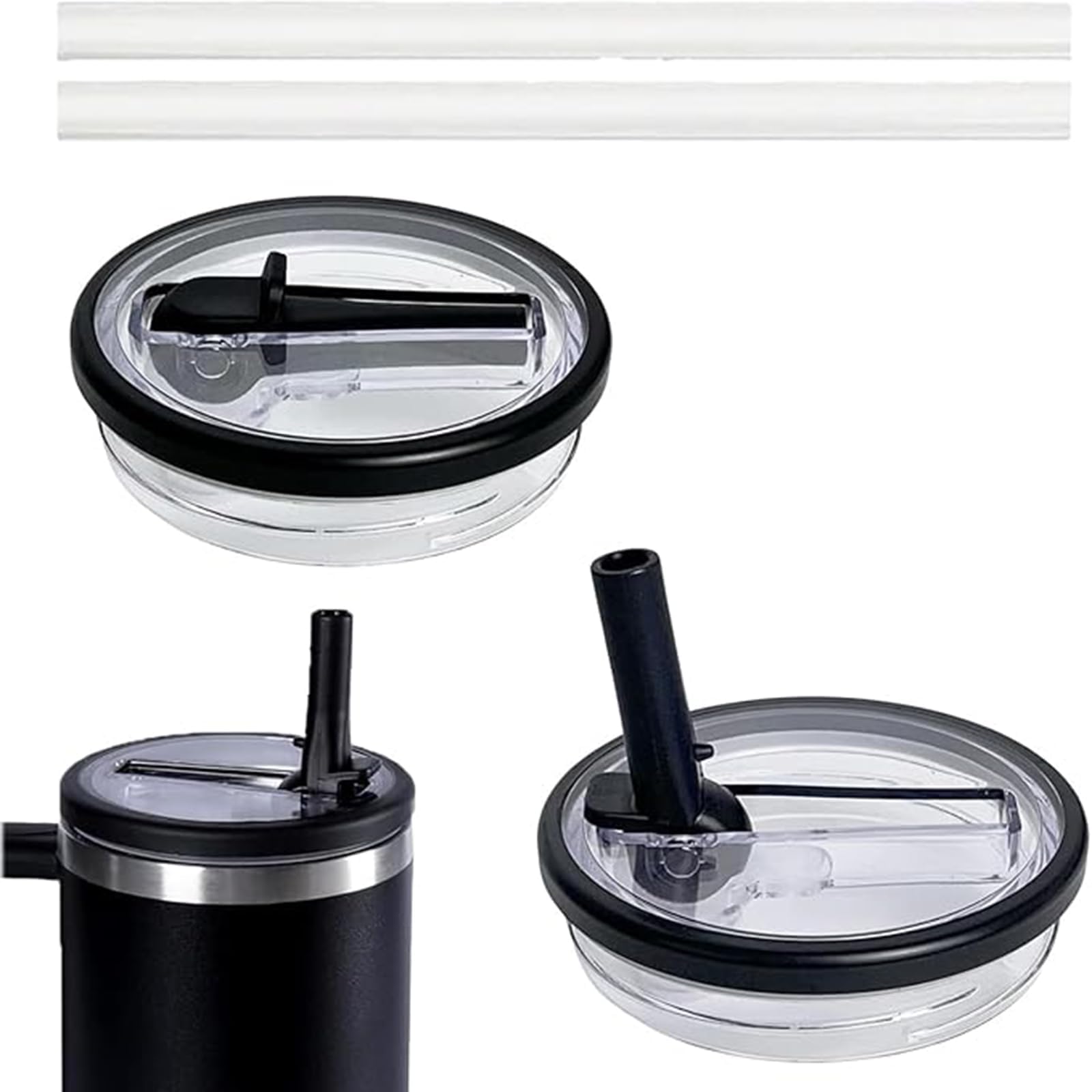 Stanley Cup Deckel Auslaufsicher, 2 Stück Ersatzdeckel für Stanley Cup 40oz mit 2 Strohhalm, Wiederverwendbarer Auslaufsicher Deckel für Stanley Cup Zubehör (Schwarz)