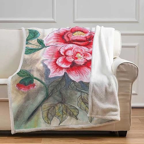 Peonies Flower Cobijas Calientes para Invierno Painting Picture Flannel Blanket Microfiber Fleece for Bedroom Essentials Throw Size 47In x 59In