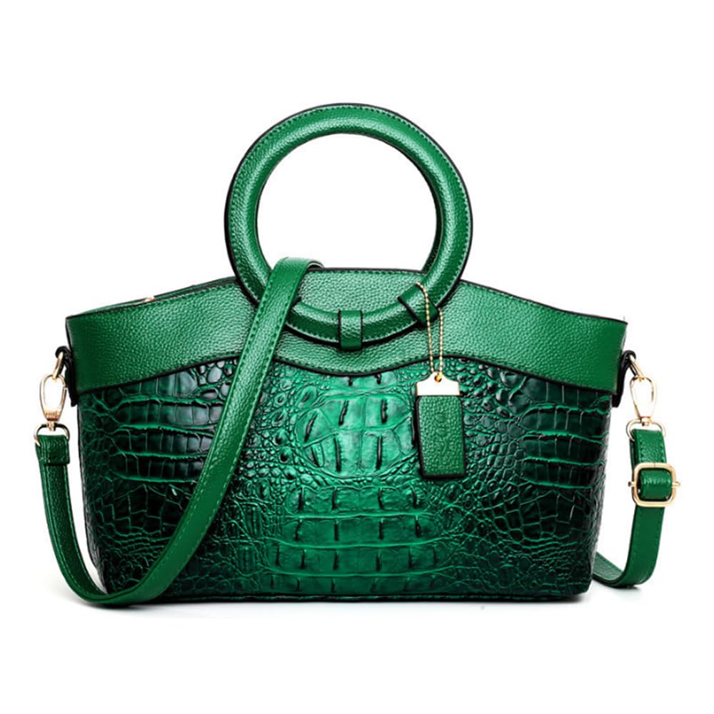 Bolso y bolso de mano de piel sintética con patrón de cocodrilo circular con asa superior para mujer, Green, Talla única