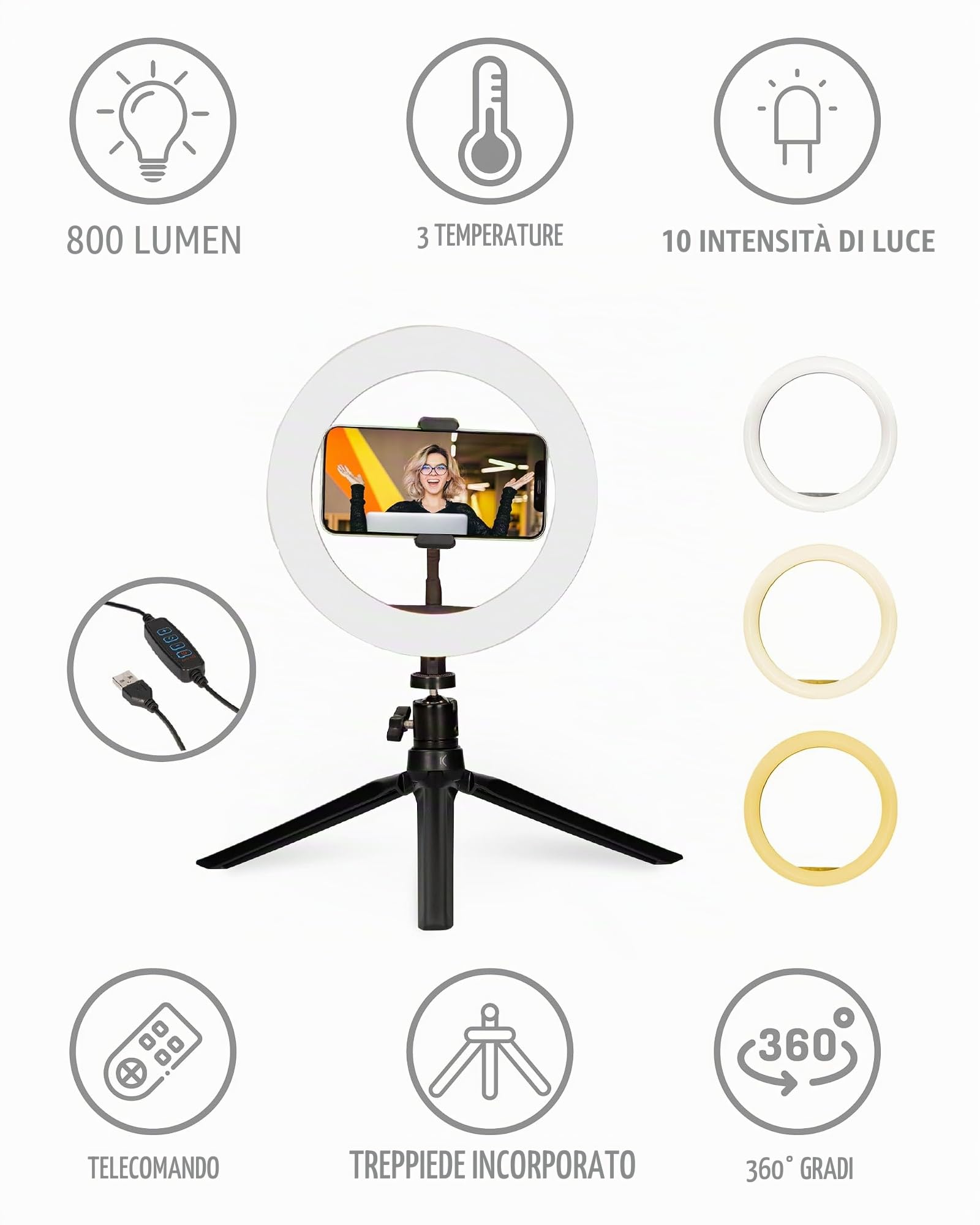 KSIX - Treppiede da tavolo regolabile, 15 colori ed effetti, anello di luce a LED per cellulare, 3 temperature di luce e 10 intensità di luminosità, per Tik Tok, fotografia, selfie