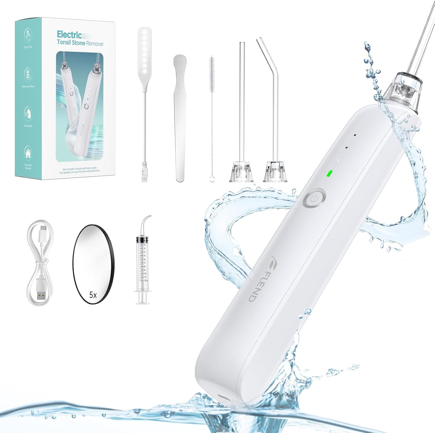 Tonsillenstein - Set di rimozione delle pietre di mandorle elettriche, 3 livelli di aspirazione, con luce LED, siringa, spatola per lingua, basta rimuovere le pietre di mandorle (Bianco Avorio)