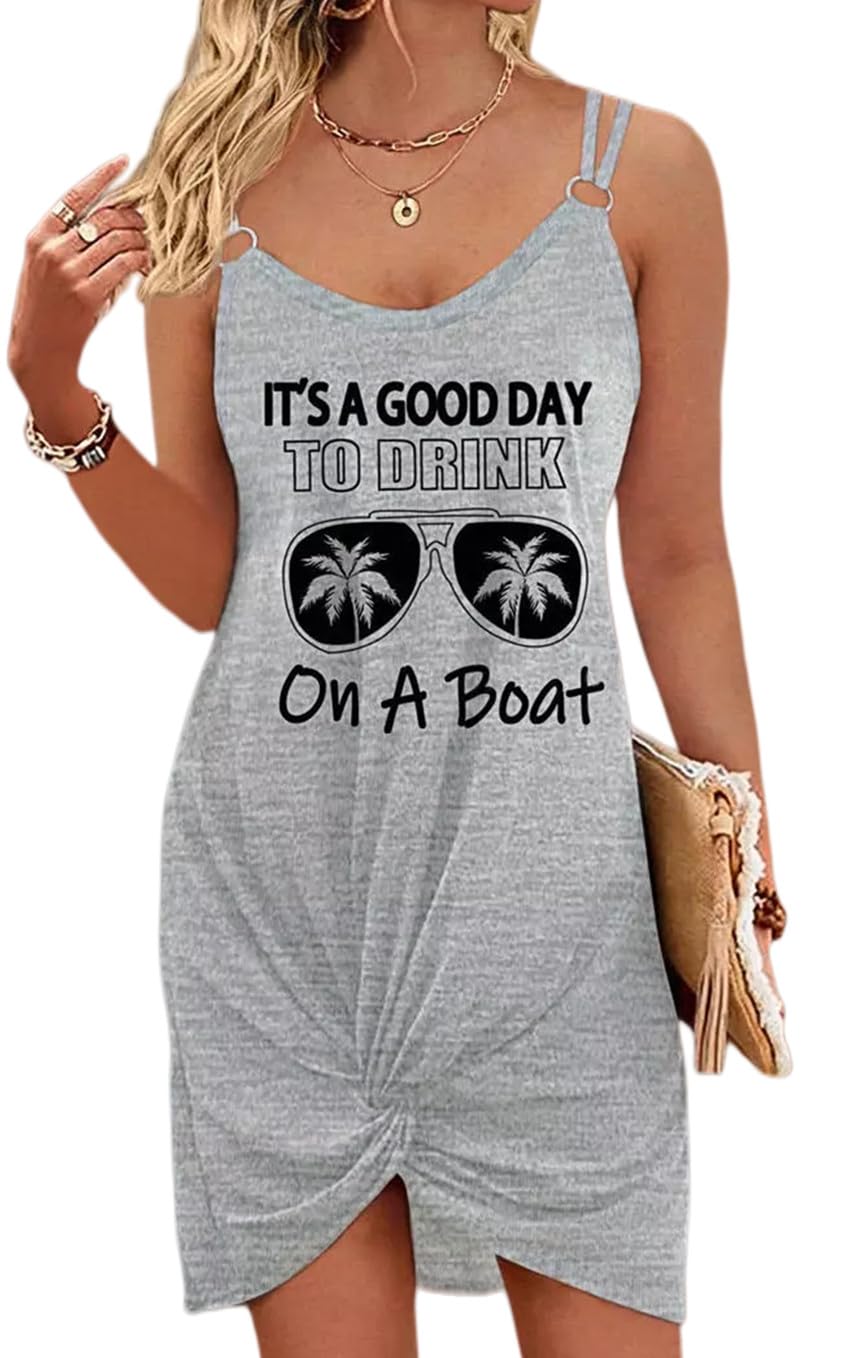 Women's It's A Good Day to Drink On A Boat Coconut Tree Twist Hollow Out Mini Dress (612-Grey,M)