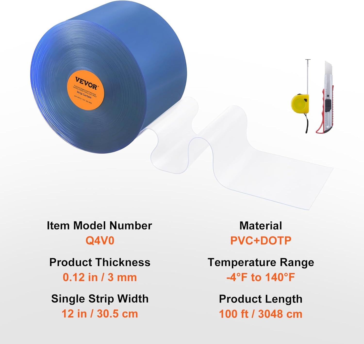 VEVOR Strip Curtain, 100' Length x 12" Width x 0.12" Thickness, Clear PVC Smooth Curtain Strip Door Bulk Roll, Plastic Door Strips for Doorway of Supermarket, Garage, Warehouse, Barn, Pet Animal House
