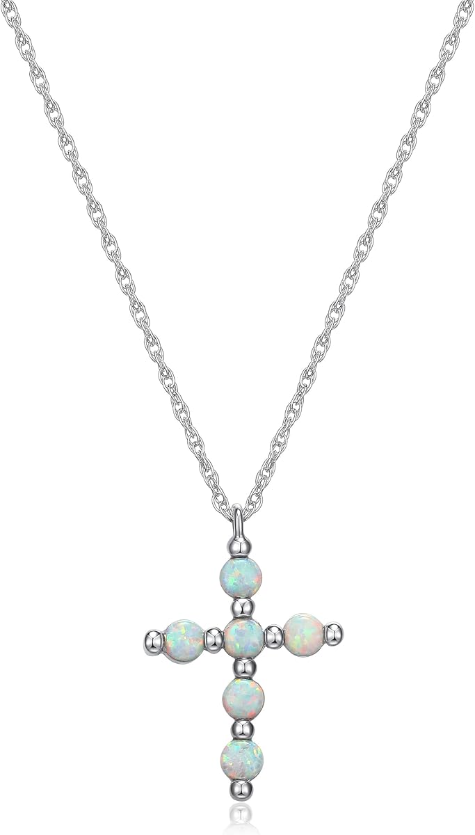 MORGAN & PAIGE Collar de cruz de piedras preciosas chapadas en rodio de plata de ley 925 para mujer, collar de plata de ley de cumpleaños para mujer, elección de colores de piedra natal, joyería delicada y ligera de 18.0 in