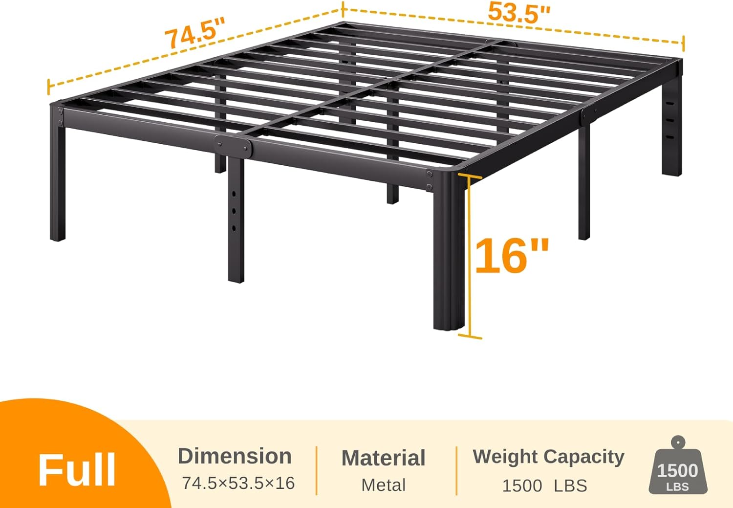 Askeld Bed Frame Full, 16 Inch High Metal Platform Bed with Round Corner Leg, No Box Spring Needed, Heavy Duty Noise-Free Bed Base, Easy Assembly, Black