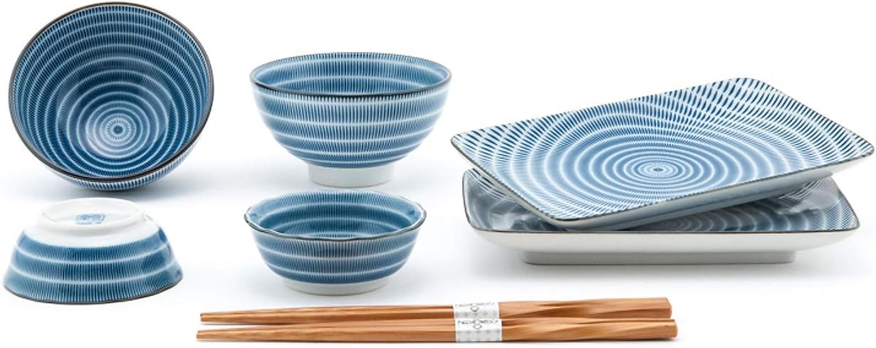 Set de 8 Platos de Sushi, Vajilla Japonesa, Cerámica, Azul Tokusa