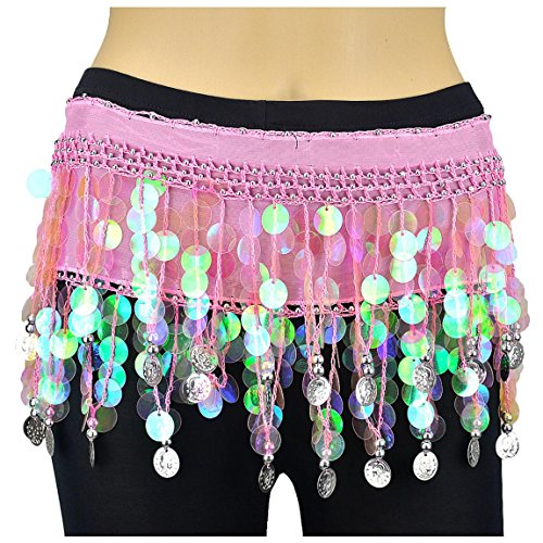 Image of VRITRAZ Women's Chiffon Belly Dance Hip Scarf Waistband Belt Skirt Mixed Colors Beads and Golded Coins 56 Black