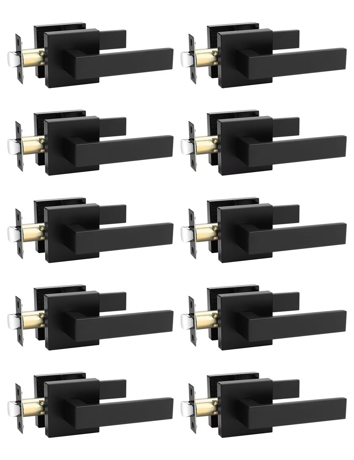 Tinewa 10 Pack Square Black Door Handles Interior, No Lock Passage Door Lever for Left or Right Handing, Heavy Duty Matte Black Closet Door Handle Sets