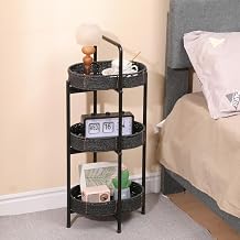 Small Handwoven Side Tables 3-Tier Oval Organizer Portable Storage Shelf for Kitchen, End Table for Living Room, Bedroom, Balcony, Picnic Black