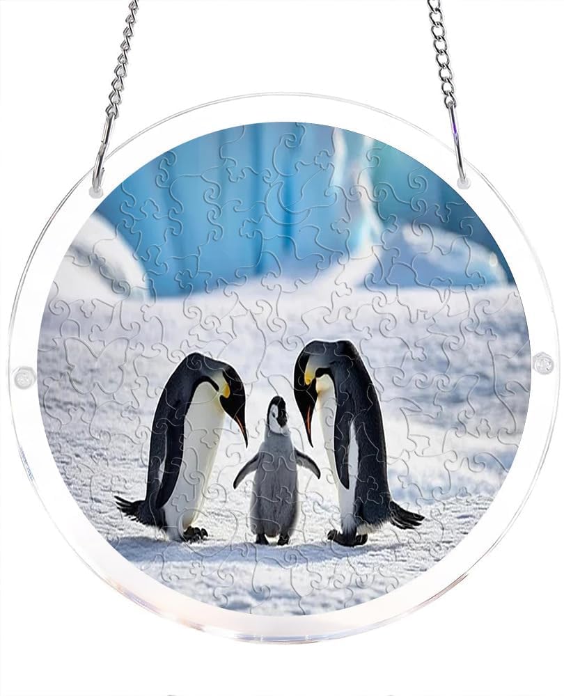 Penguin Family in Snowy Landscape Animal Acrylic Jigsaw Puzzles Suncatcher, 7.4 Inch Window Hanging Suncatcher Acrylic Puzzle, DIY Home Decor Art Gift