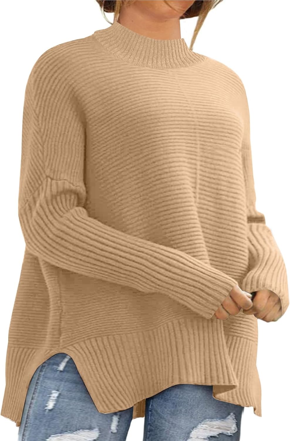 Eytino Womens Plus Size Sweaters Long Sleeve Crew Neck Split Hem Casual Oversized Ribbed Knit Tunic Pullover Tops(1X-5X)