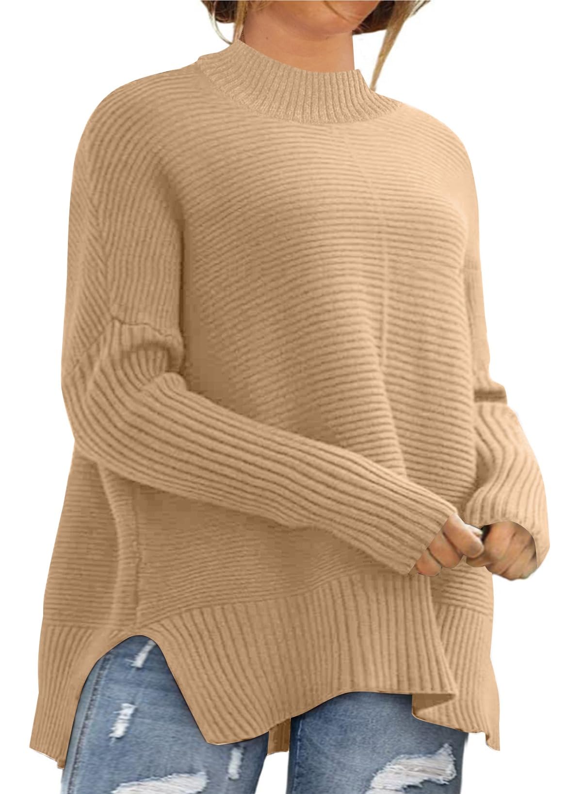 Eytino Womens Plus Size Sweaters Long Sleeve Crew Neck Split Hem Casual Oversized Ribbed Knit Tunic Pullover Tops(1X-5X)