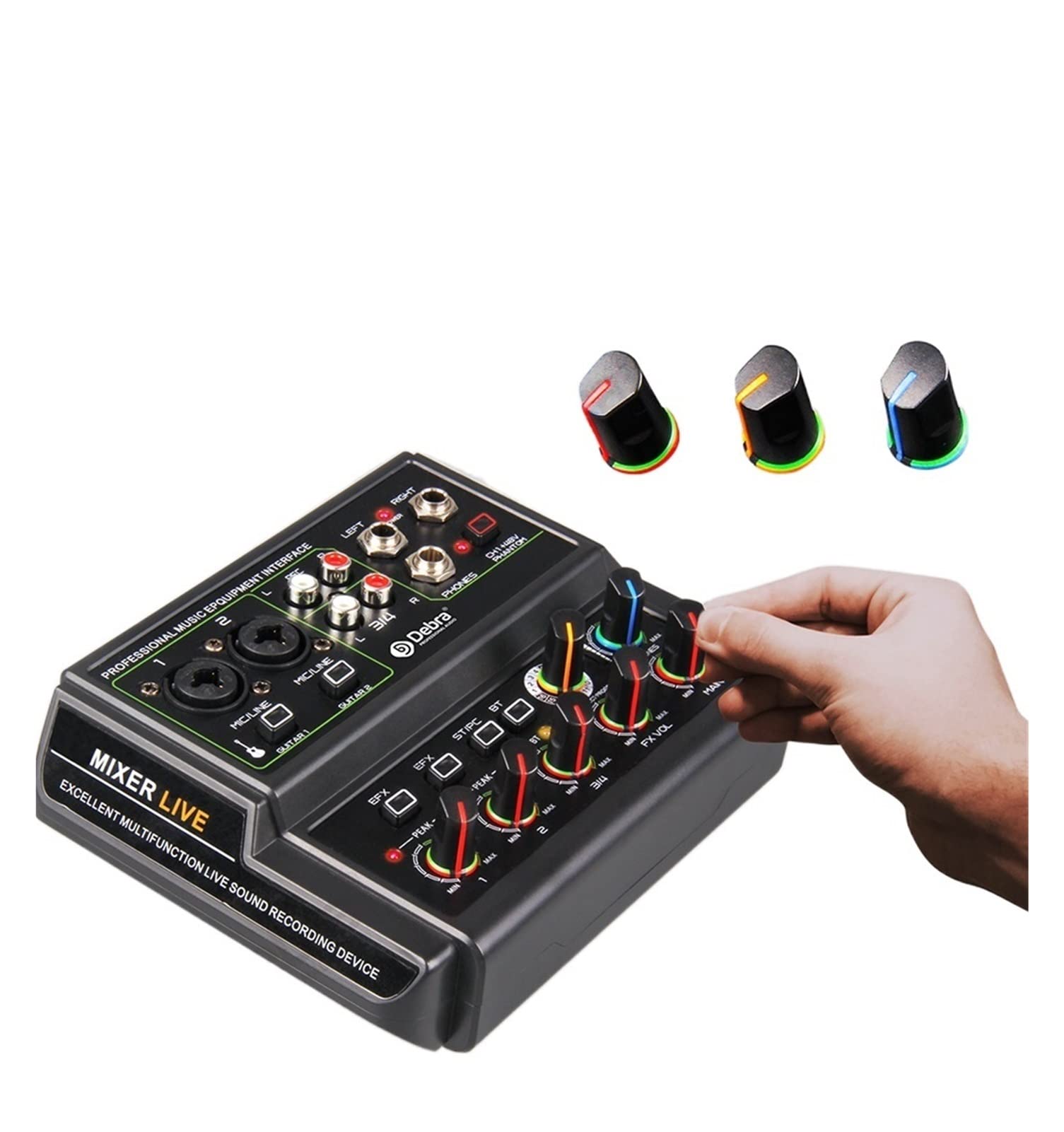 Tarjeta de sonido de interfaz de audio de 4 canales, puerto de auriculares de monitor de 6.5 mm, 16 efectos for transmisión en vivo y grabación de canto.