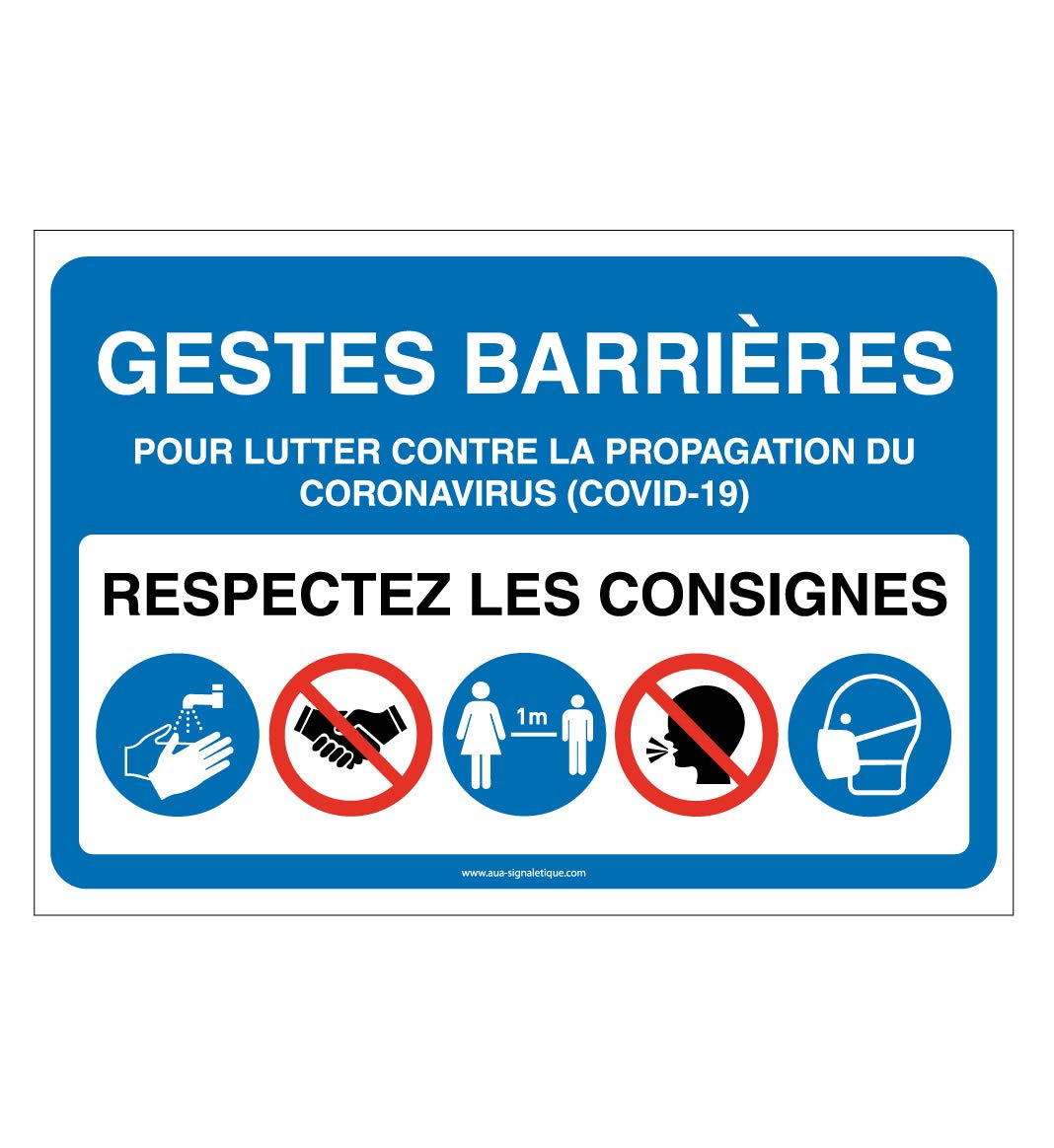 AUA SIGNALETIQUE - Panneau Signalisation : Gestes Barrières et Consignes à Respecter pour l'Accès à l'Etablissement -Bleu - 210x150 mm, PVC 1.5mm