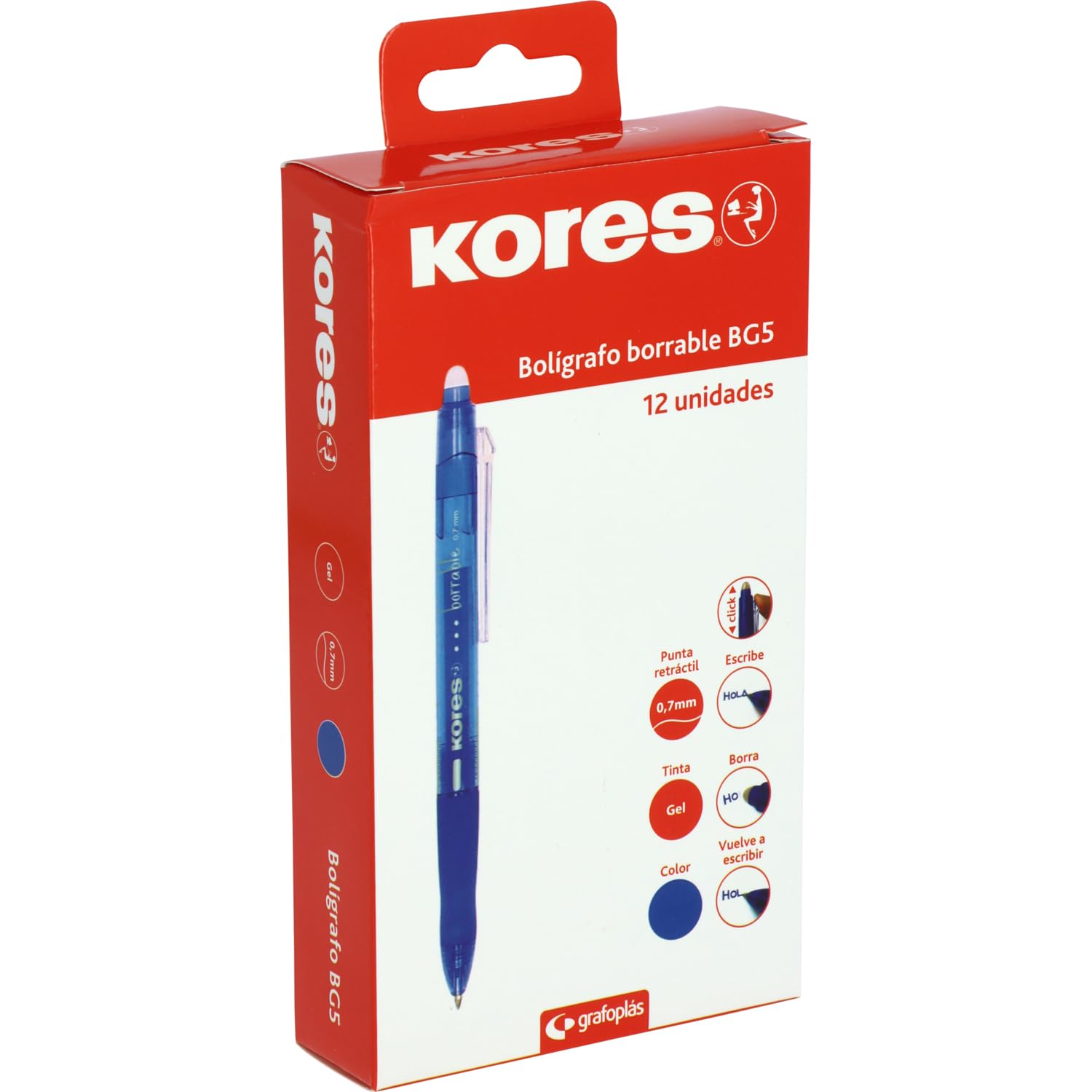 Kores | Pack of 12 Blue Erasable Pens BG5 | Gel Ink | 0.7 mm Tip | Retractable | Ergonomic Grip | No Smear | No Damage Paper | Leaves No Rubber Remains | Perfect School and Office Supplies