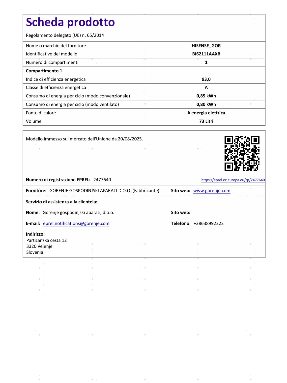 Hisense Forno Multifunzione 73 litri 60 cm Classe A Nero/Inox Guide telescopiche 7 funzioni 3 vetri