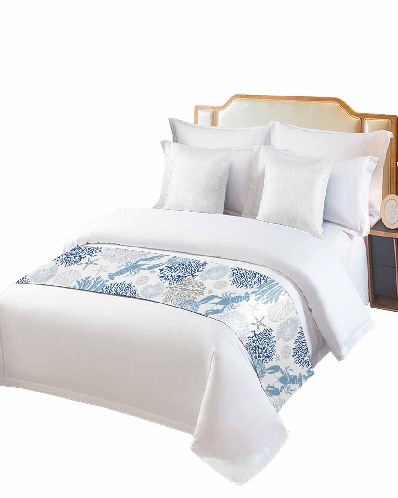Navy Blue Coastal Bed Runner for Full/Queen Size, Summer Lobster Coral Nautical Bedspread Protector Slipcover Bed Scarf for Foot Runners & Scarves for Bedroom Hotel Wedding Room 83x20 Inches