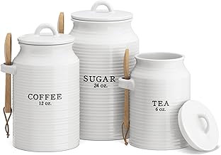 Barnyard Designs Canister Sets for Kitchen Counter, Ceramic Set, Decorative Canisters, Coffee Tea Sugar Container Rustic Farmhouse Canisters Jar, White, Set of 3