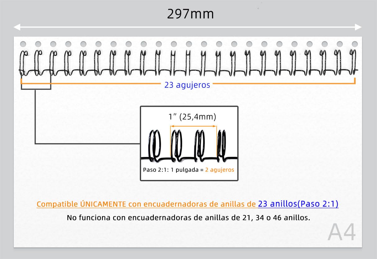 RAYSON Espinillas de alambre con 23 anillas para encuadernación, 160 hojas, separación 2:1, 19 mm, A4, negro, paquete de 50