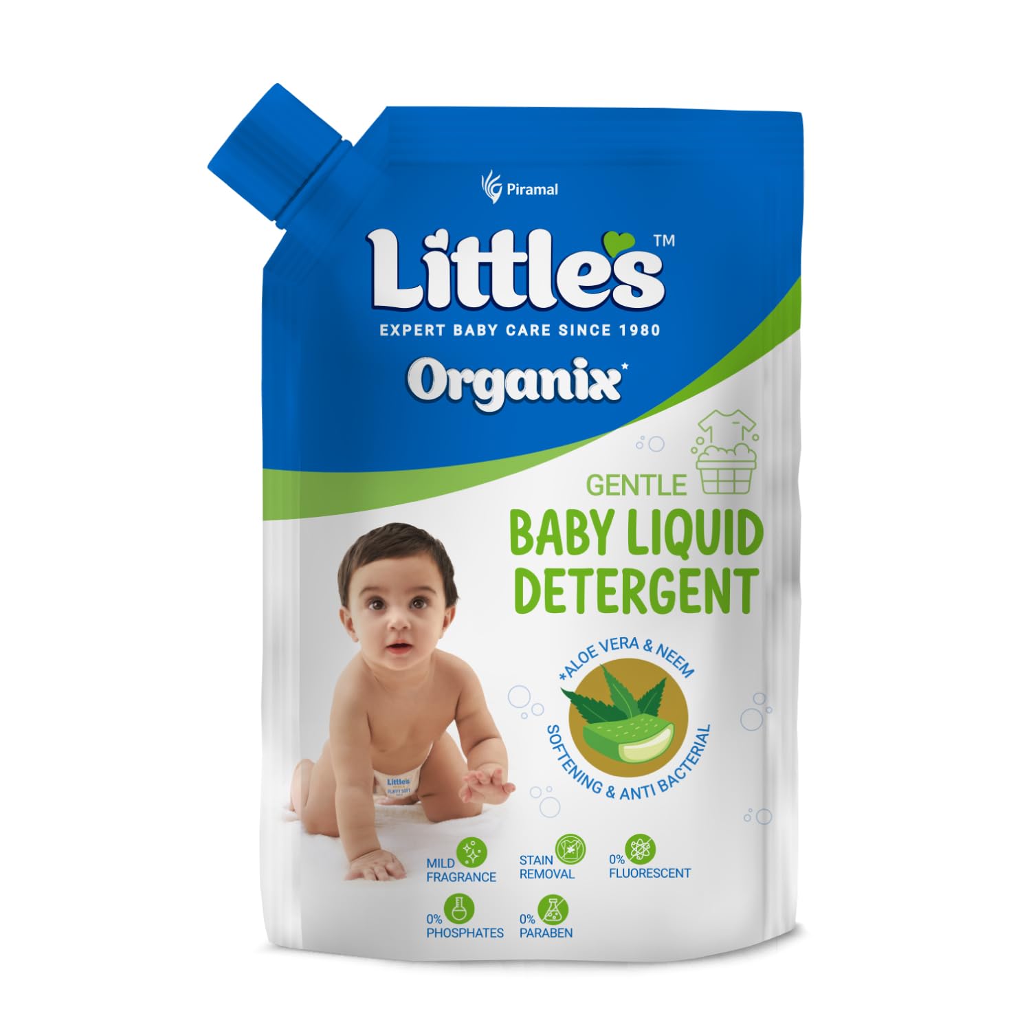Little's Organix Gentle Baby Detergent Liquid for Clothes | 1000 ml x Refill | Anti-Bacterial Liquid Detergent for Baby Clothes Enriched with Aloe Vera & Neem Extracts | Free from Brighteners & Bleach