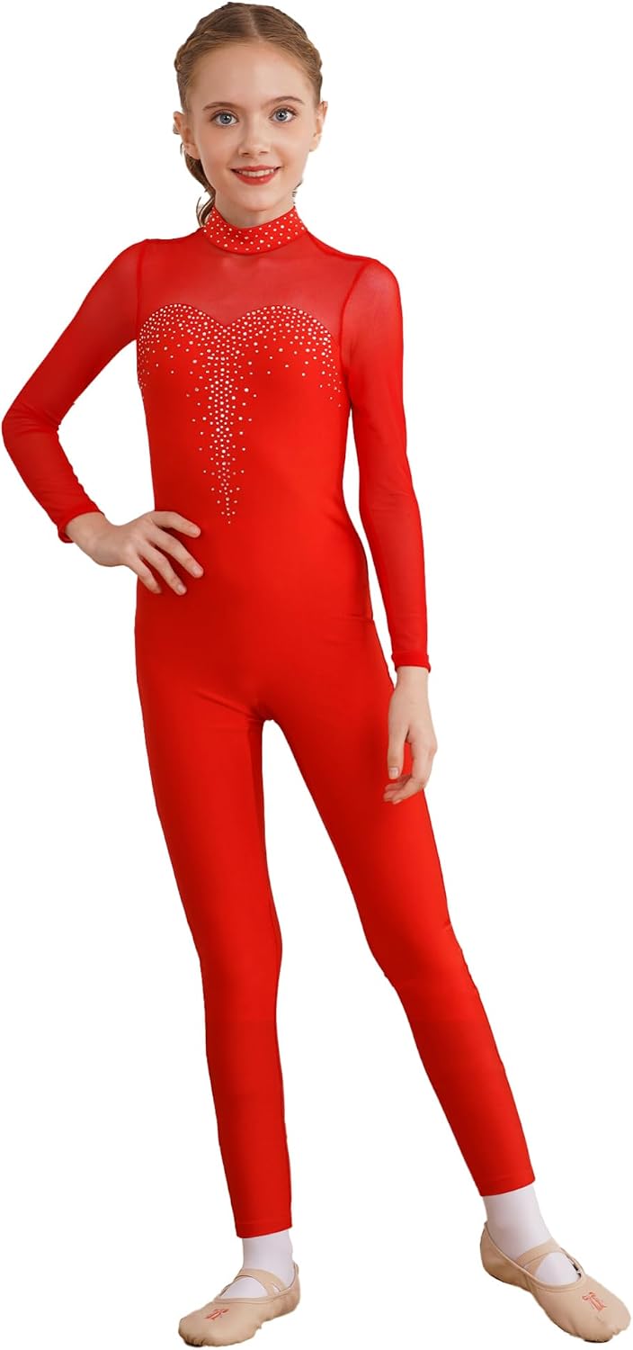 iEFiEL Girls Figure Ice Skating Unitard Long Sleeve Full Body Gymnastics Leotard Rhinestone Acrobatics Jumpsuit for Show