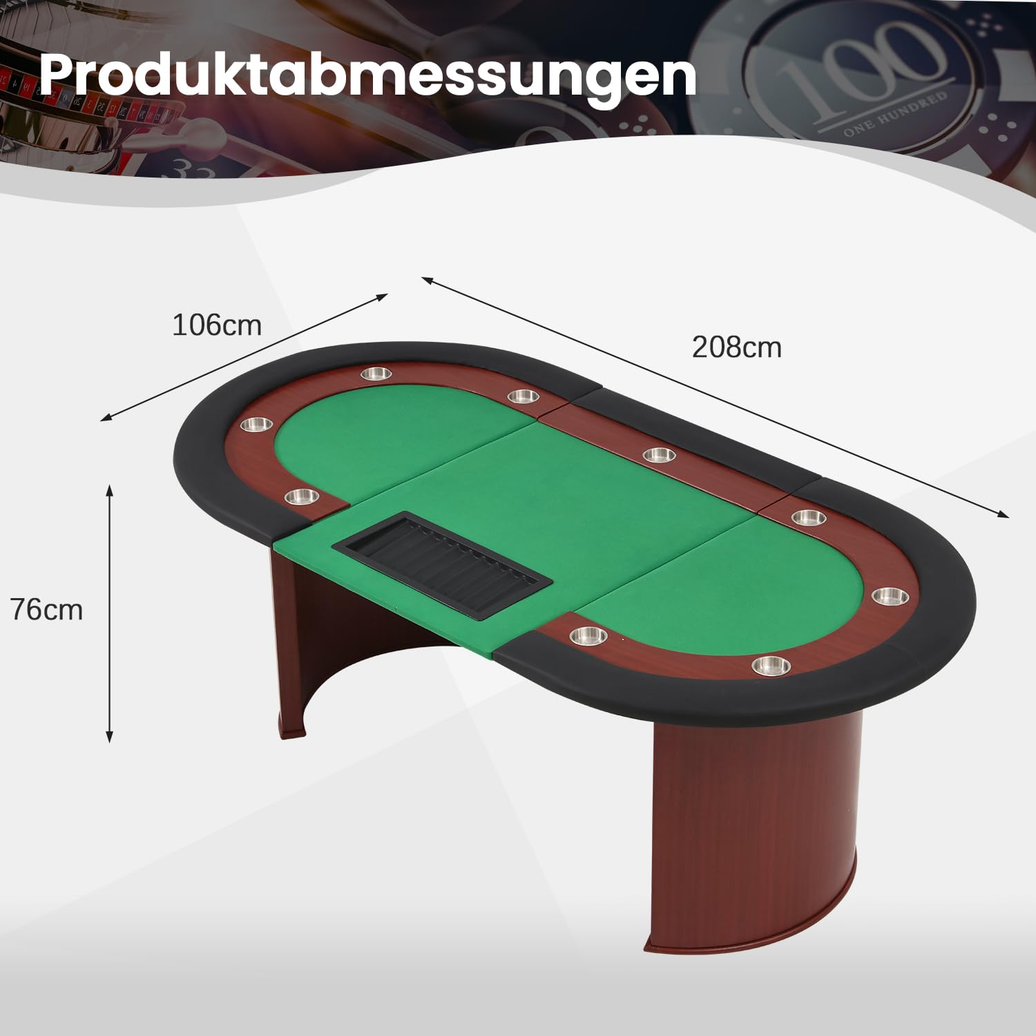 AVAWING Pokertisch für 10 Spieler, 9 Getränkehalter, abnehmbare Chipablage, gepolsterte Armauflage, Braun & Grün
