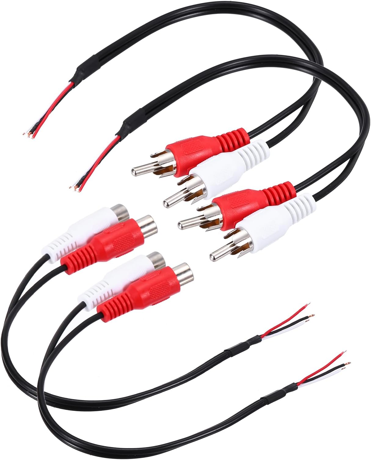 Generic 4 Pcs 8 Inch Open RCA 2-Male 2-Female Plug Jack Connector Adapter to Bare Wire Open End Audio Video RCA Cable for Amplifier Speaker Wire