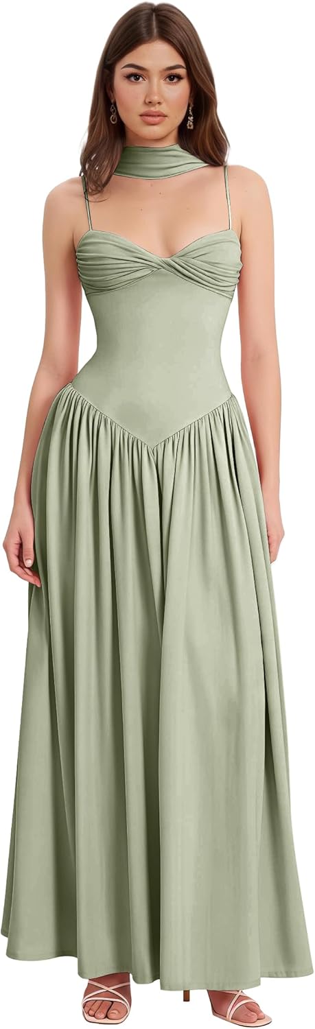 Spaghetti Straps Chiffon Bridesmaid Dresses with Scarf Sweetheart Neck A Line Prom Evening Dress with Pockets US4 Sage Green