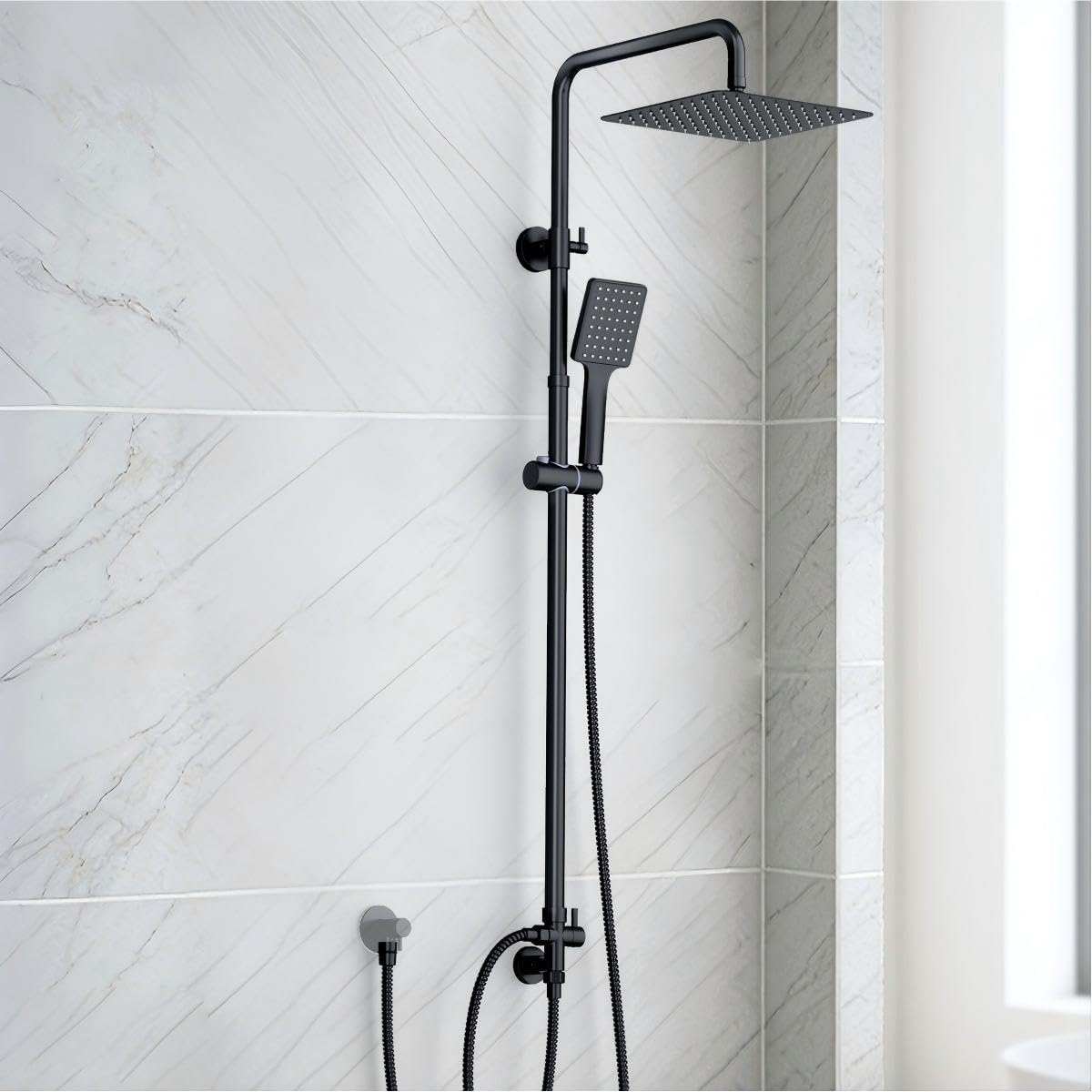 SunCleanse Regendusche ohne Armatur, Eckiger Duschkopf aus Edelstahl 25x25 cm, höhenverstellbar Duschstange von 75-110cm, Mit Hochdruck Handbrause, Duschsystem mit Messing-Umschaltventil, Schwarz