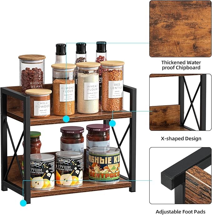Image of OXMIC 2-Tier Countertop Organiser, Brown, Engineered Wood, Matte Finish, Modern Style, 32x21x15 cm, Lightweight