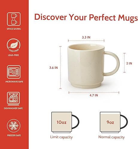 Miniatura 20 de Sweese Tazas de café apilables, tazas de porcelana de 10 onzas para bebidas de café especiales, capuchino, café moca, café con leche, té y té, juego