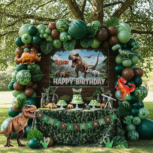 Image of Dinosaur Birthday Party Decorations Hunter Green brown balloon arch